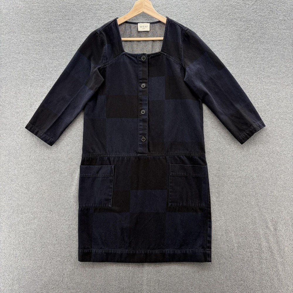 Wrap London Dress 4 Dark Wash Check Denim Square Neck Pockets Shift